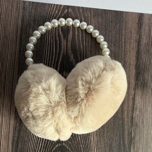 Ardene Pearl-Handle Faux Fur Ear Muffs in Beige
